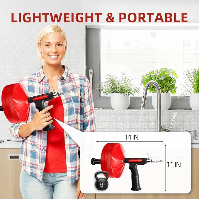 50FT Drain Snake for Clog Removal, Drill Powered & Manual Auger, 1/4 Inch Plumbing Snake for Kitchen Sink, Shower & Bathtub Drain, Hair Clog Remover Tool with Gloves & Storage Bag