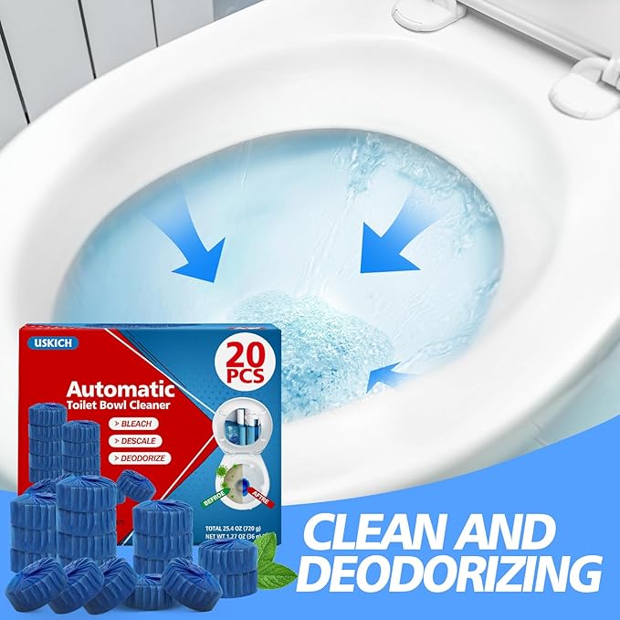 USKICH 20 Pack Toilet Bowl Cleaner Tablets,Blue Automatic Toilet Tank Cleaners, Long-Lasting Household Toilet Cleaners,Toilet flush Cleaning & Deodorizer