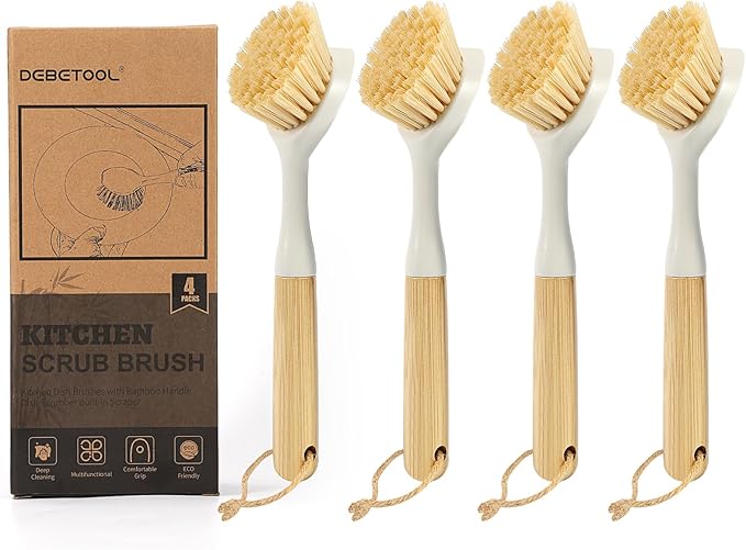 Dish Brush with Built-in Scraper - 4 Pack Bamboo Dish Scrubber Brush with Handle, Kitchen Brushes for Dishes & Pots, Sink, Eco Cleaning Tool Set