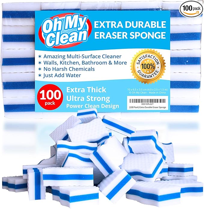 (100 Pack) Extra Durable Eraser Sponge - Extra Thick, Long Lasting, Premium Melamine Sponges in Bulk - Multi-Purpose Power Scrubber - Bathroom, Kitchen, Floor, Bathtub, Toilet, Baseboard, Wall Cleaner