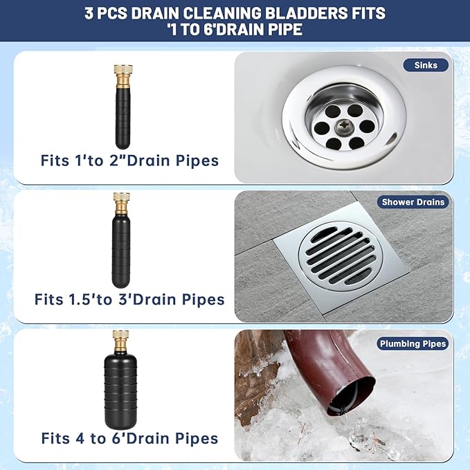 3 Pcs Drain Cleaning Bladder Kit, Drain Bladder For 1 To 6 IN Water Pipes, Drain Bladderfor Unclogging Bathroom Drains, Pools, Kitchen Sinks, Main Drains And Outdoor Sewers(Working Pressure 40-80psi)