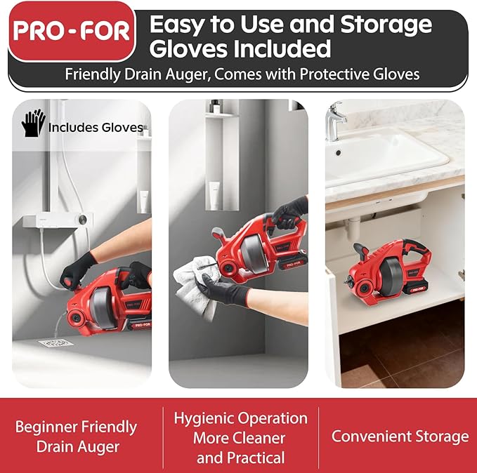 20V Cordless Electric Drain Auger, 25Ft Auto-Feed Drain Snake, Replaceable Cable, 2.0Ah Battery & Charger, LED Light, Clog Remover for Sink, Shower, Kitchen, Bathroom Pipes (3/4"-2")