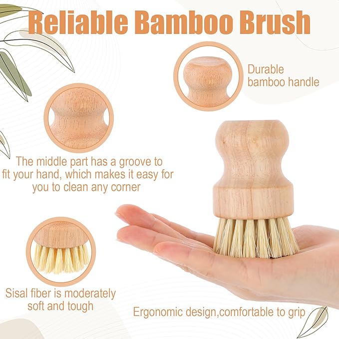 12 Packs Bamboo Scrub Brush for Dishes, 2 Pcs Natural Dish Brush with Sisal Bristles, Wooden Dish Scrubber for Pots, Pans & Vegetables, Eco-Friendly Kitchen Cleaning Tools