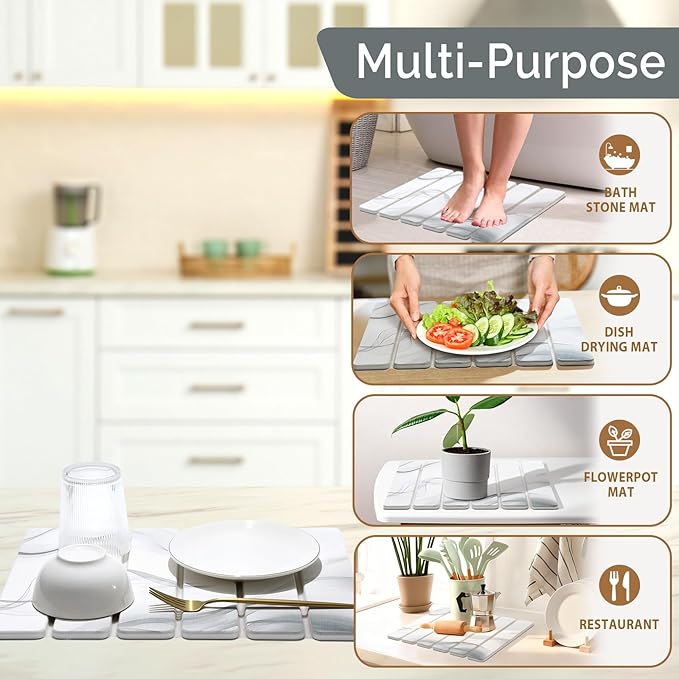 Small Stone Dish Drying Mat for Kitchen Counter, 2 PCS 16"×12" & 8"x4" Quick Dry Stone Mats, Foldable Water Absorbing Diatomaceous Earth Drying Dish Pad for Countertop Bottle Utensil Cup(White Gray)