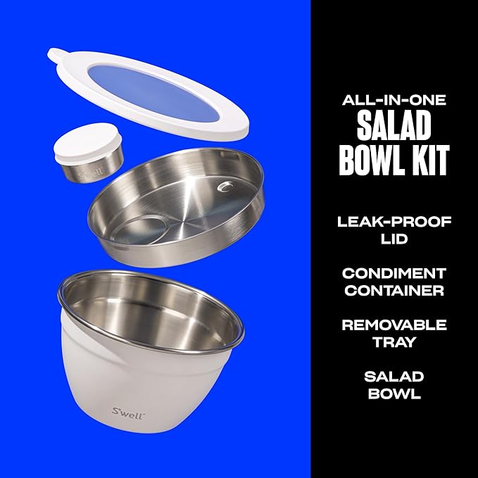 S'well Stainless Steel Salad Bowl Kit 64oz, Moonstone, Comes with 2oz Mini Canister and Removable Tray for Organization, Leakproof, Easy to Clean, Dishwasher Safe