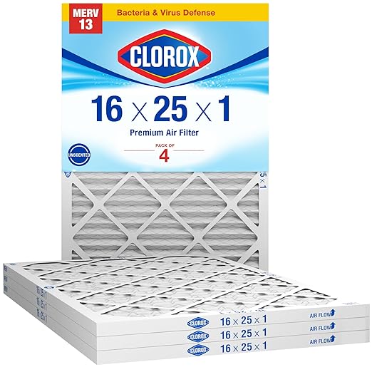 Clorox 16x25x1 Air Filter, MERV 13 Pleated HVAC AC Furnace Air Filters, MPR 1500 & FPR 10 – Pack of 4