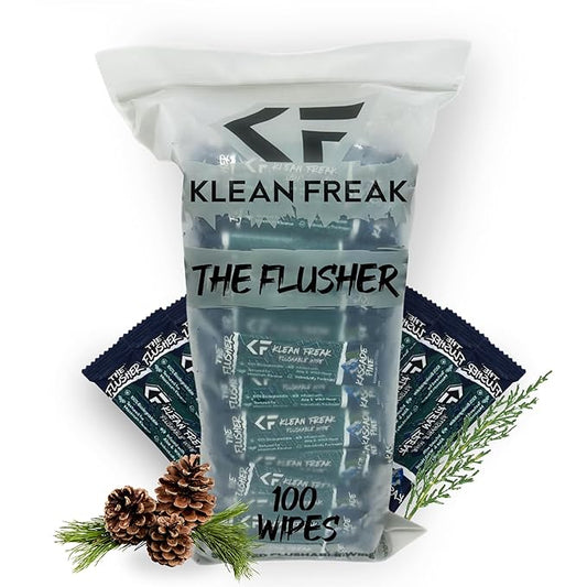 THE KLEAN FREAK FLUSHER - 100 Pack Wipes For Adults & Kids Unscented/Scented - 100% BIODEGRADABLE Individual Wrapped Travel WET Wipe for Toilet - Kascade Pine