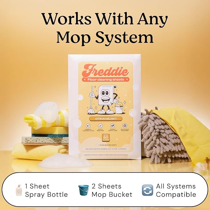 Freddie Floor Cleaning Sheets - Citrus Delight Scent - Plastic Jug-Free - Multi-Surface Cleaner for Hardwood Tile Vinyl - 60 Uses (30 Sheets)