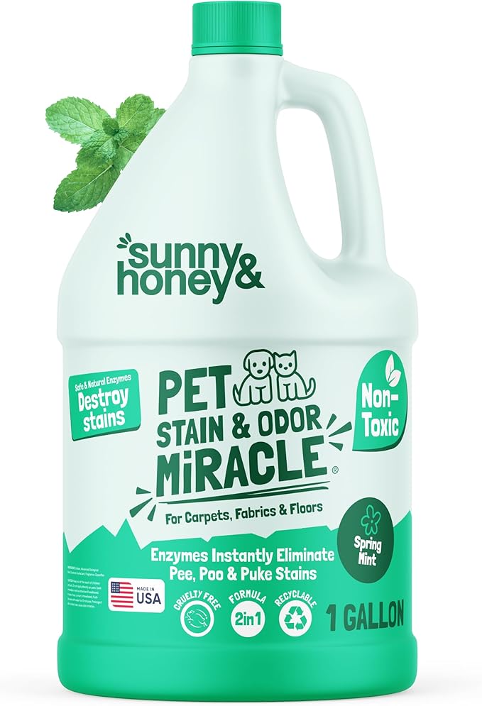 Sunny & Honey Enzyme Cleaner & Stain Remover - 1 gal (128 fl oz), Spring Mint Scent - Pet & Kid Safe Pet Enzyme Cleaner - Heavy Duty Carpet Cleaner Solution