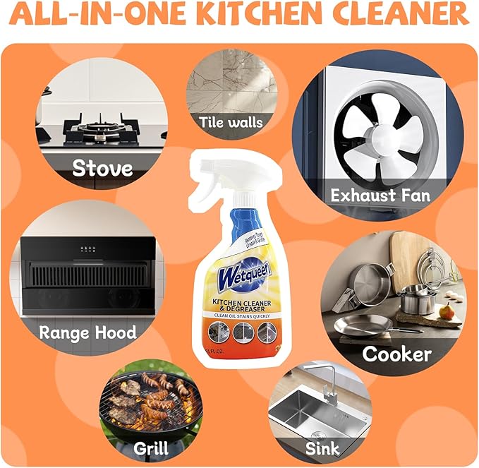 WETQUEEN All Purpose Cleaner Spray, Heavy Duty Kitchen Degreaser Foam & Stubborn Stain Remover for Kitchen, Household, Oven, Stove, Range Hood, Tiles, Dual-Spray Nozzle, Lemon Scent, 16.91 Fl Oz