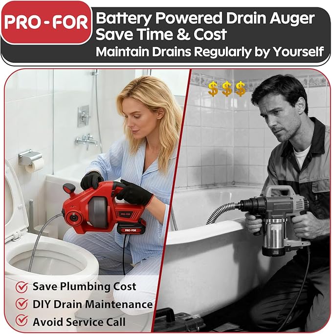 20V Cordless Electric Drain Auger, 25Ft Auto-Feed Drain Snake, Replaceable Cable, 2.0Ah Battery & Charger, LED Light, Clog Remover for Sink, Shower, Kitchen, Bathroom Pipes (3/4"-2")