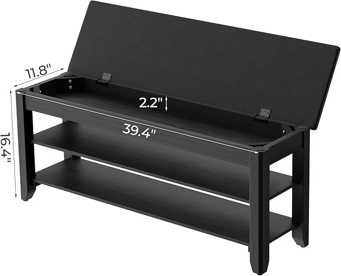 Shoe Rack Bench with Flip-Top Storage, Solid Wood Entryway Bench with Cushion, Adjustable Shelf, for Hallway, Mudroom, Closet – Black, 39.4"
