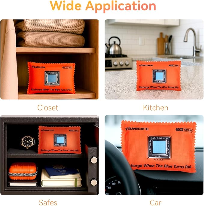 FAMILIFE 100g Rechargeable Desiccant Packs for Storage, Reusable Dehumidifier Bags Color Indicating Silica Gel Packets Portable Moisture Absorbers for Storage Bins, Car, Closet, Gun Safe, Electronics
