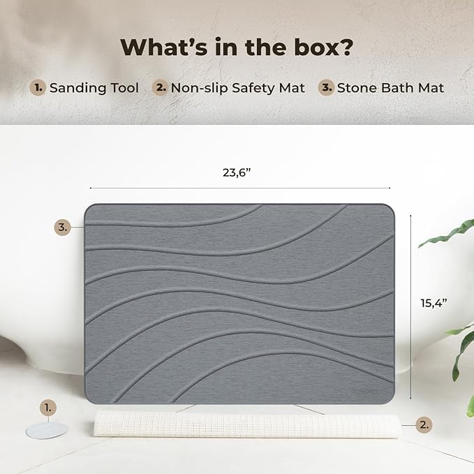 Stone Bath Mat, Diatomaceous Earth Non-Slip Stone Shower Mat - Quick Drying Absorbent Bath Mats for Bathroom - Elegant & Modern Design, Easy to Clean (23.5 x 15) - Graphite