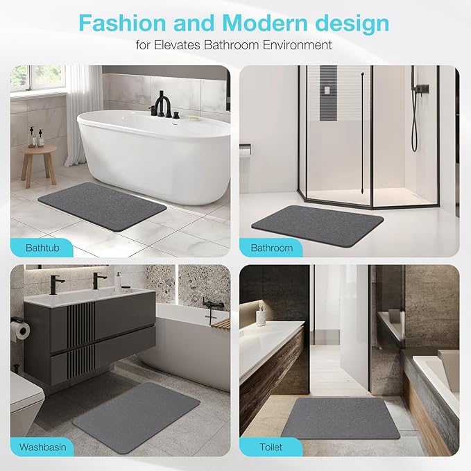 Diatomite Stone Bath Mat, Premium Non-Slip Natural Diatomaceous Earth Bathtub Fast Drying Mats for Bathroom Floor (23.6" x 15.4" Dark Grey)