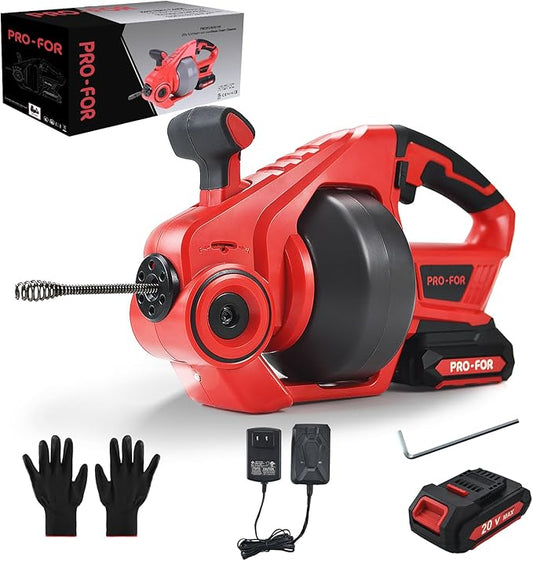 20V Cordless Electric Drain Auger, 25Ft Auto-Feed Drain Snake, Replaceable Cable, 2.0Ah Battery & Charger, LED Light, Clog Remover for Sink, Shower, Kitchen, Bathroom Pipes (3/4"-2")