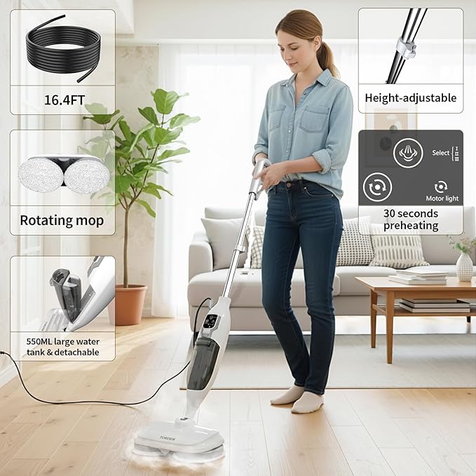 Scrub and Steam Mop with 13 Accessories,Floor Scrubber Spin Mop for Hard Floors Deep Cleaning,Washable Mop Pads for Home,550ml Capacity,Chemical-Free Deep Clean & Sanitize with High Temperature