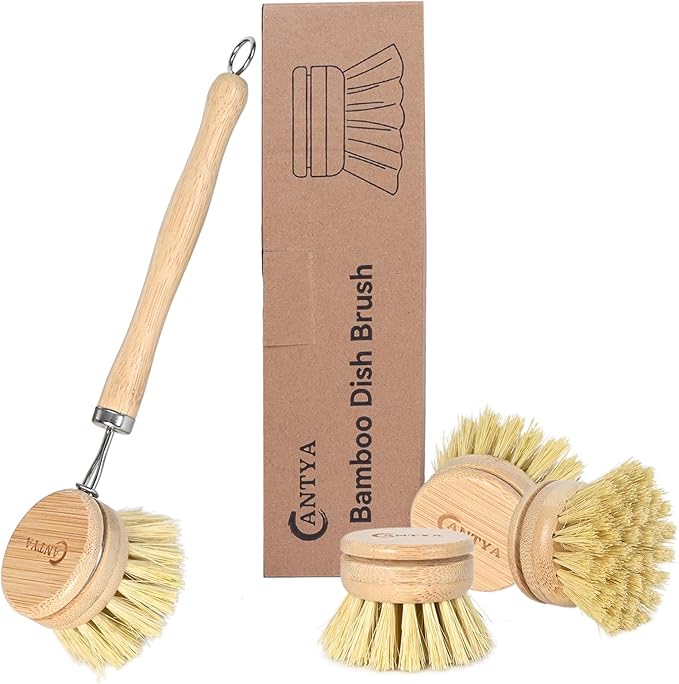 Bamboo Dish Brush with Handle - Soft Bristle, Eco-Friendly Vegetable Brush, Compostable & Sustainable, Bamboo Dish Scrubber for Cleaning Kitchen Utensils