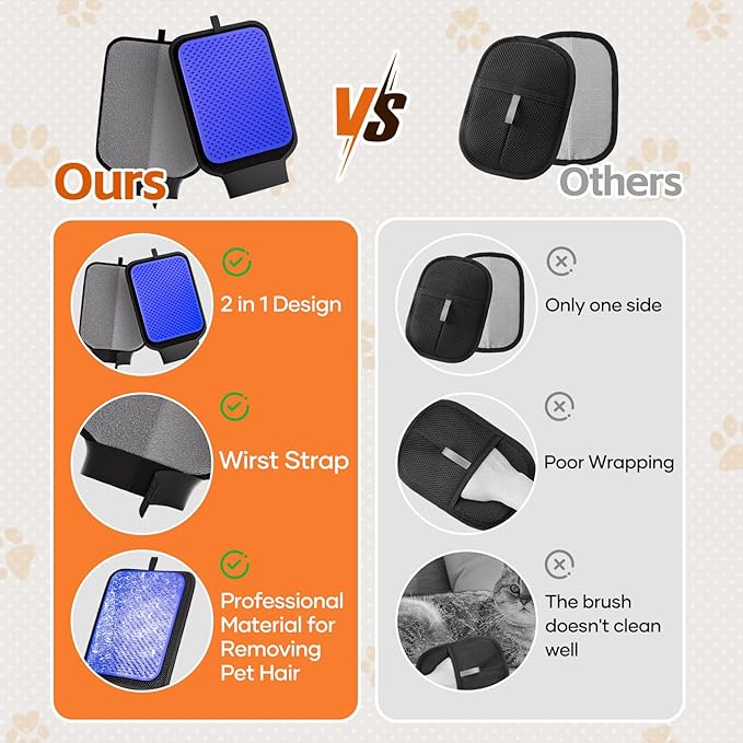 2 in 1 Pet Hair Removal Glove, Upgraded Pet Hair Remover Tool with Wrist Strap, Gentle Shedding Silicone Brushes for Dogs & Cats, Efficient Pet Hair Gloves for Couch Carpet Clothing (Blue)