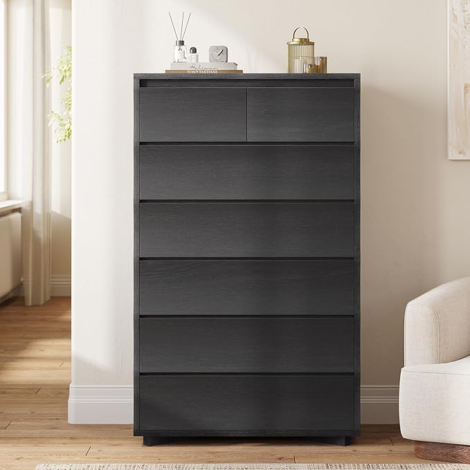 SUCSSRICH Black Tall Dresser for Bedroom, 52.8" Tall Dresser with 7 Drawers, Wood Dressers & Chests of Drawers, Accent Upright Drawer Organizers for Closet, Hallway