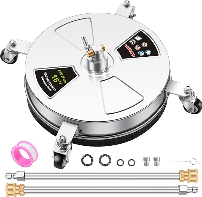 16" Pressure Washer Surface Cleaner Pro with 4 Wheels, Stainless Steel 2 Extension Wands, Power Washer Surface Cleaner Hot Water Supported for Patio Decker Concrete Driveway, 3000 PSI