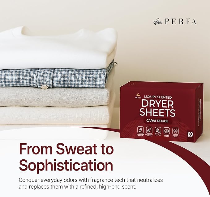 Dryer Sheets – Carat Rouge Scent | Ultra-Soft Essential Oil Dryer Sheet | Long-Lasting Fabric Sheet | 60 PCS Scented Laundry Sheets With Odor Neutralizing Technology by Perfa