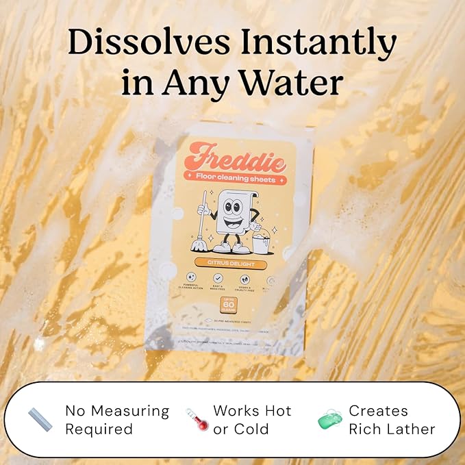 Freddie Floor Cleaning Sheets - Citrus Delight Scent - Plastic Jug-Free - Multi-Surface Cleaner for Hardwood Tile Vinyl - 60 Uses (30 Sheets)
