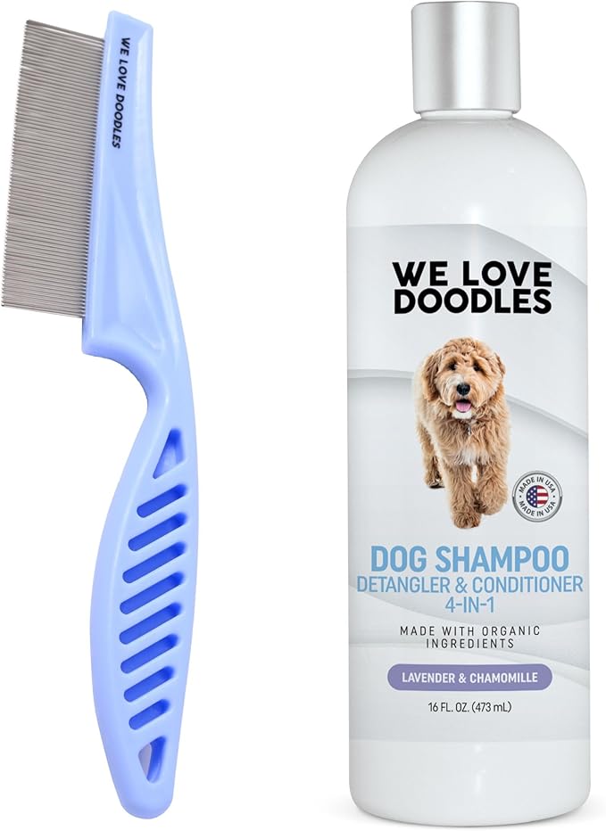 We Love Doodles Dog Face Grooming Comb (Large) and 4-in-1 Shampoo (Lavender) Bundle - Tear Stain Remover For Dog Eye - Shampoo for Matted Pet Hair - Pet Eye Brush - Made in USA