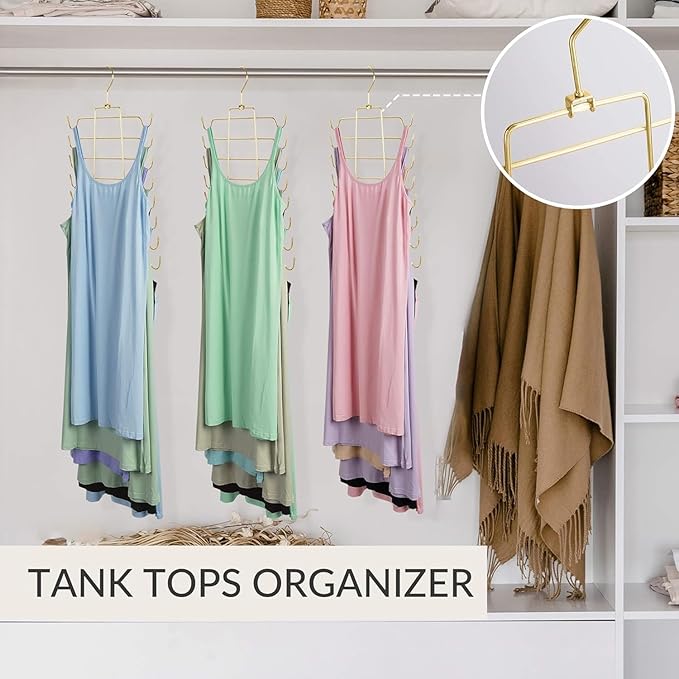ZEDODIER 3 Pack Tank Top Hanger Space Saving, Bra Hangers for Closet Organizer, Hanging Bra Organizer Tank Tops Holder with 24 Hooks, Metal Closet Organizers and Storage Small Space Solutions, Gold