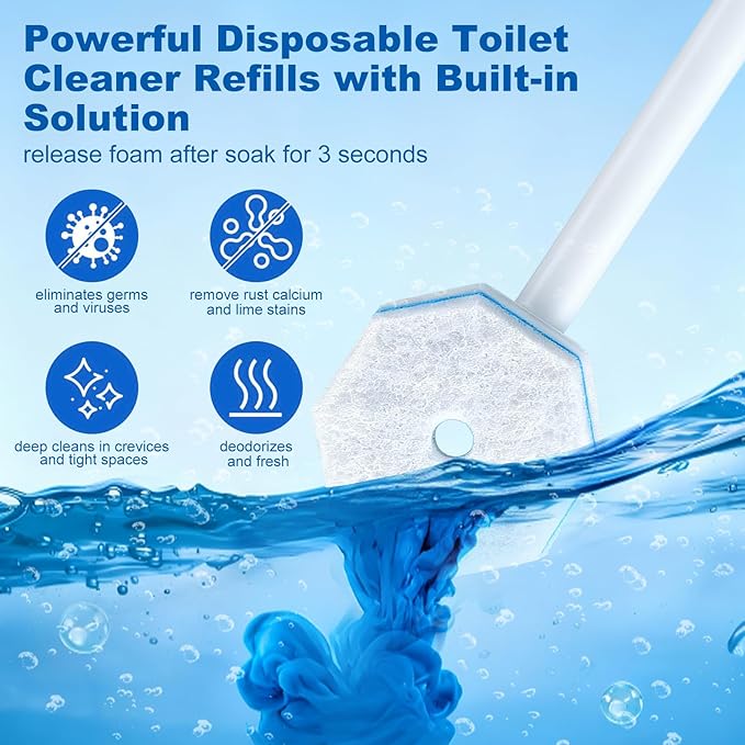 64 Pcs Disposable Toilet Bowl Wand Refills, Toilet Bowl Cleaners Scrubber, 5X Cleaning Power Toilet Brush Heads Replacement Cleaner Refill Pads Compatible with Clorox