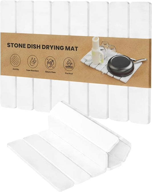 Stone Drying Mat for Kitchen Counter - Collapsible Diatomaceous Earth Dish Drying Stone - Fast Absorbent Stone Dish Drying Mat for Dishes and Pots (White)