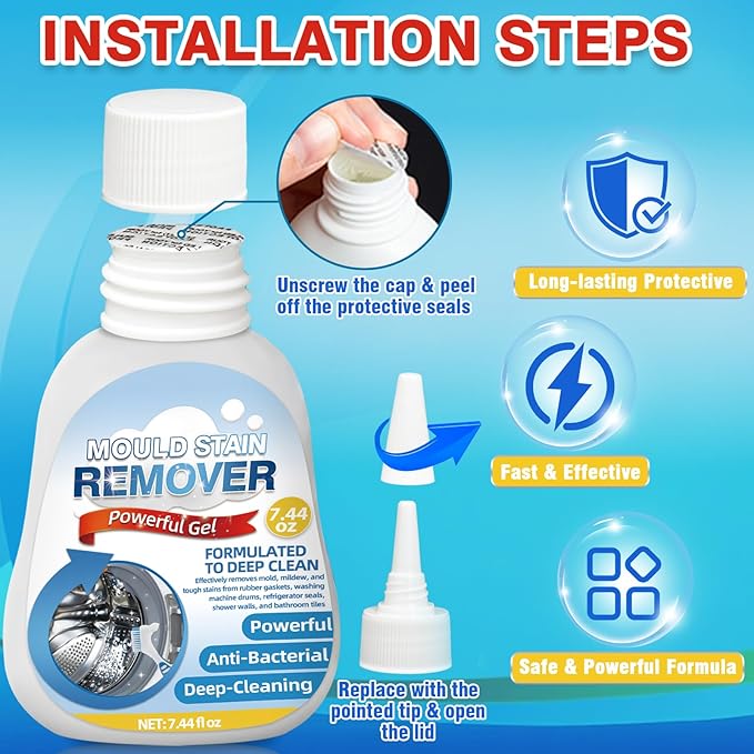 Mold Remover Gel – Effective Washing Machine Cleaner for Gasket, Mold Stain Remover Gel for Bathroom, Grout, Tile, Shower, Sink, Caulk - All-Purpose Household Cleaner Gel