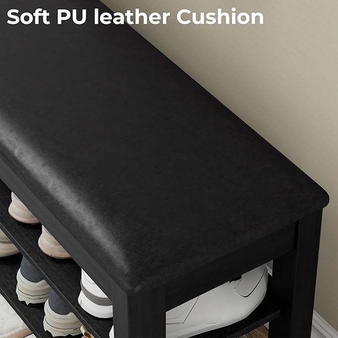 Shoe Rack Bench with Flip-Top Storage, Solid Wood Entryway Bench with Cushion, Adjustable Shelf, for Hallway, Mudroom, Closet – Black, 39.4"