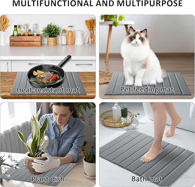 Large Stone Dish Drying Mat for Kitchen Counter 24x16 Inch - Super Absorbent Quick Dry Diatomaceous Earth with PU Leather, Foldable Space Saving Stone Bath Mats for bathroom