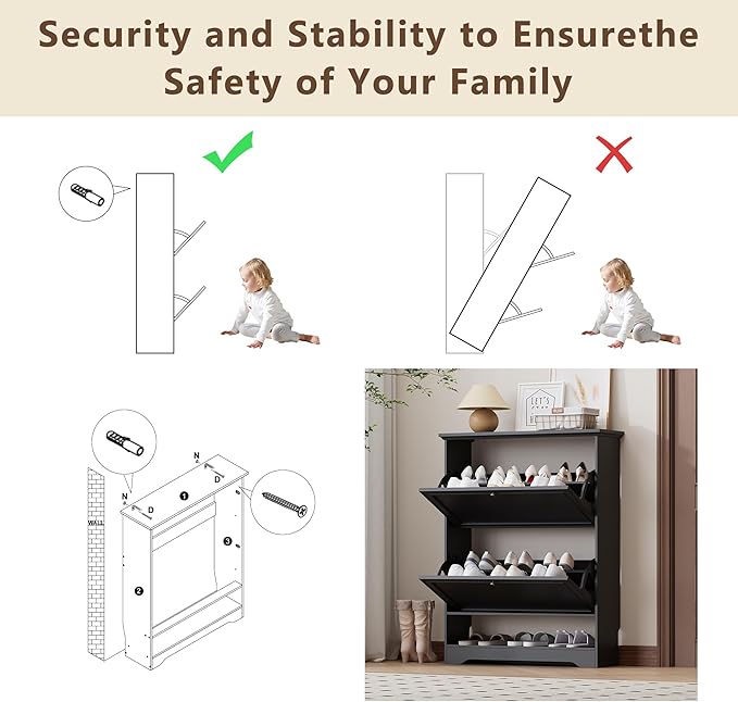 Shoe Cabinet for Entryway, Slim Shoe Storage Cabinet with Adjustable Shelves, Wooden Rack and Organizer for Small Spaces, Closet, Foyer, Hallway