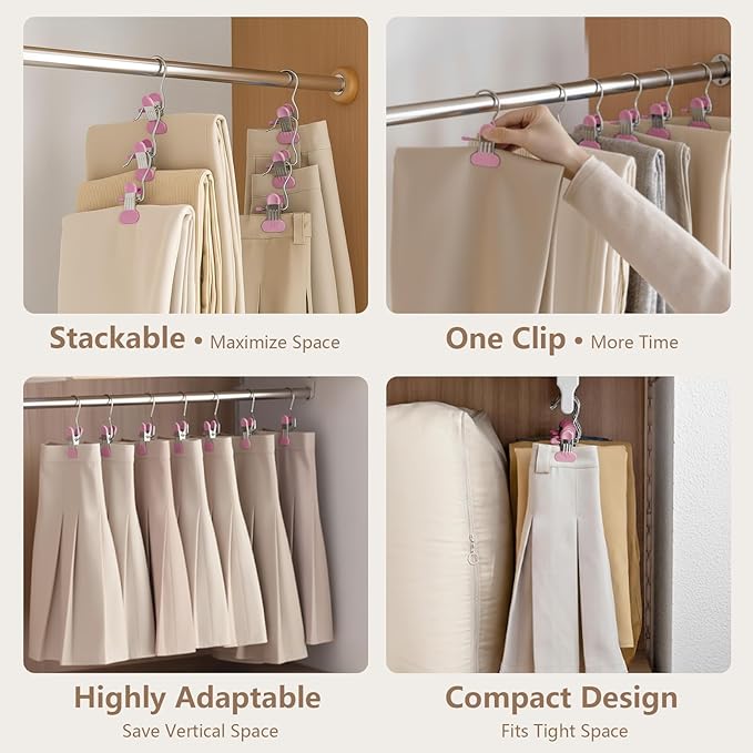 Wider Leggings Hangers for Closet 60 Pack, Metal Pants Hangers with Clips, Non-Slip Skirt Boot Jeans Hanger, Stackable Closet Organizer Space Saving Pink
