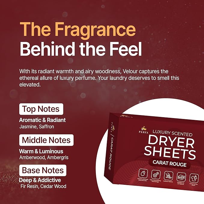 Dryer Sheets – Carat Rouge Scent | Ultra-Soft Essential Oil Dryer Sheet | Long-Lasting Fabric Sheet | 60 PCS Scented Laundry Sheets With Odor Neutralizing Technology by Perfa