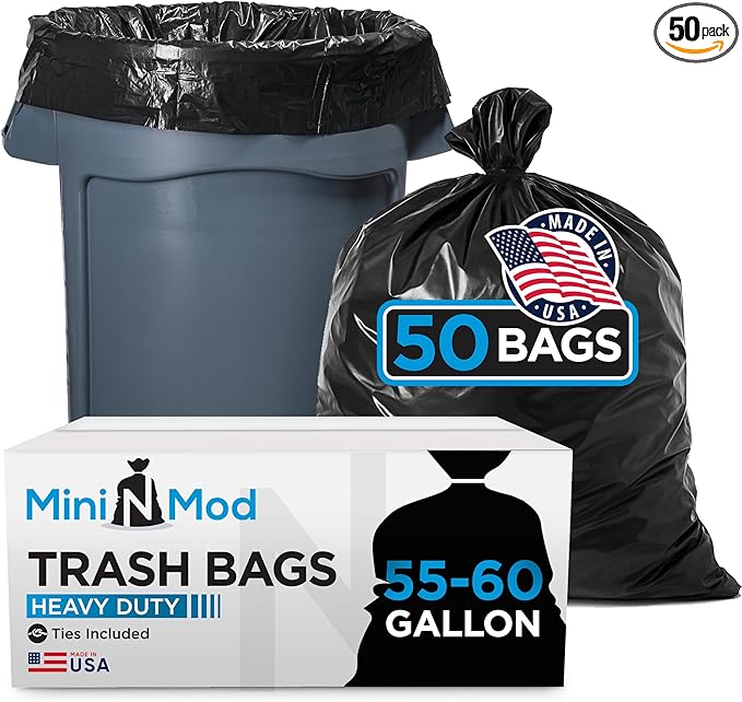 55-60 Gallon Trash Bags Heavy Duty | 50 Count | Large Black Garbage Bags for Outdoor, Leaf, Commercial Use | Fits 50 Gallon, 55 Gal, 60 Gal Trash Cans