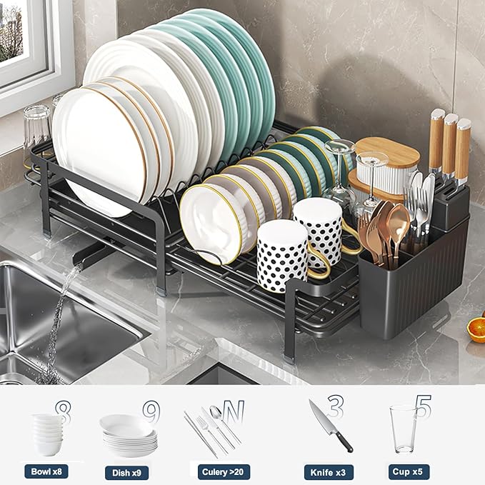 Large Dish Drying Rack with Drainboard,Expandable Dish Rack for Kitchen Counter, Utensil Holder & Cup Hooks,Rustproof Stainless Steel Drying Dish Rack 23.6’’L x 12.6’’W,Black