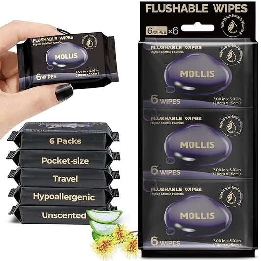 MOLLIS Flushable Feminine Wipes with Witch Hazel & Vitamin E, Unscented & Alcohol-Free, Travel Size Mini Packs, 100% Plant-Based, Sewer & Septic Safe, 6 Packs (36 Wipes Total)