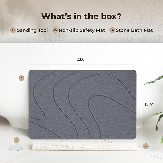 Stone Bath Mat, Diatomaceous Earth Non-Slip Stone Shower Mat - Quick Drying Absorbent Bath Mats for Bathroom - Elegant & Modern Design, Easy to Clean (23.5 x 15) - Graphite