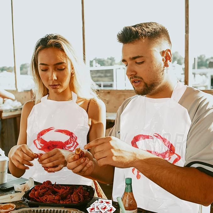 Nonley 60/100 Pack Crab Bib + Wet Wipe Set, Disposable Plastic Crawfish Bibs for Adults Seafood Boil Party Supplies