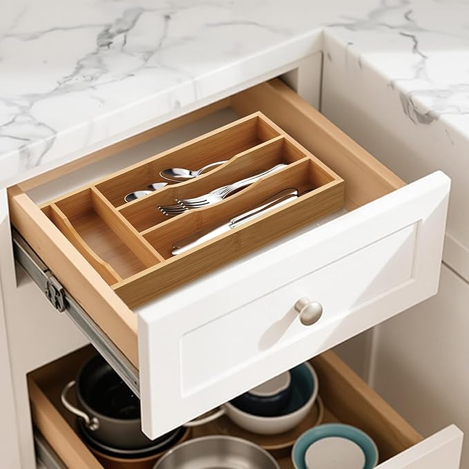 Small Silverware Organizer, Bamboo Kitchen Drawer Cutlery Organizer, Utensil Holder, Flatware Organizer Tray (14.2"x6.7"x1.6")