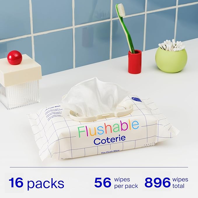 Coterie Flushable Wipes for Toddlers, Designed for Potty Training, Safe for Sensitive Skin, Hypoallergenic, 99% Water, Plant-Based, Fragrance Free, Sewer & Septic Safe, 16 Pack (448 Wipes)