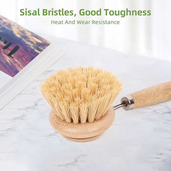 Bamboo Scrub Brush with Handle - Soft Bristles, Non Toxic Dish Brush, Compostable & Biodegradable, Bamboo Dish Scrubber for Cookware, Bowls and Plates, Non-Stick Pans