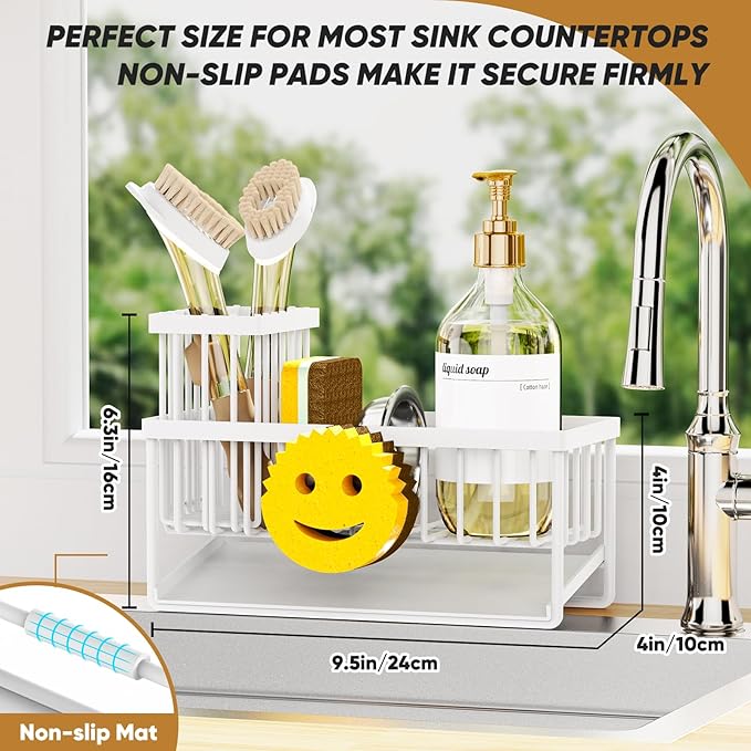 Sponge Holder for Kitchen Sink,Smiley Face Sink Caddy with Removable Brush Holder,Self-Draining Sponge Caddy for Sponge,Soap,Dish Brush,Scrubber,Kitchen Essentials and Gadgets-White