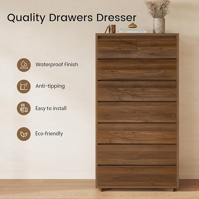 SUCSSRICH Tall Dresser for Bedroom, 61.1" Tall Dresser with 8 Drawers, Wood Dressers & Chests of Drawers, Accent Upright Drawer Organizers for Closet, Hallway