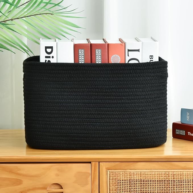 Storage Basket, Woven and Cotton Rope Baskets for Organizing, Decorative Book, Towel, Toy Baskets or Storage Bins for Living Room - 3 Pack, Black