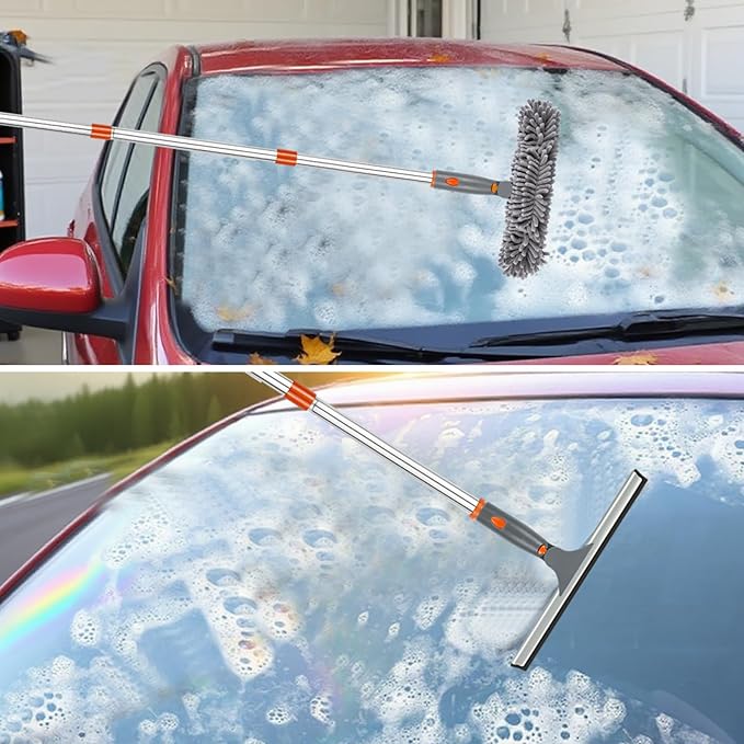Window Squeegee with Long Handle, 57 inch BITOPE Glass Cleaner Tool with Telescopic Pole, Microfiber Cleaning Pads & Chenille Cloth for Car Windshield, Mirror, Door, Solar Panel, Inside/Outside Window