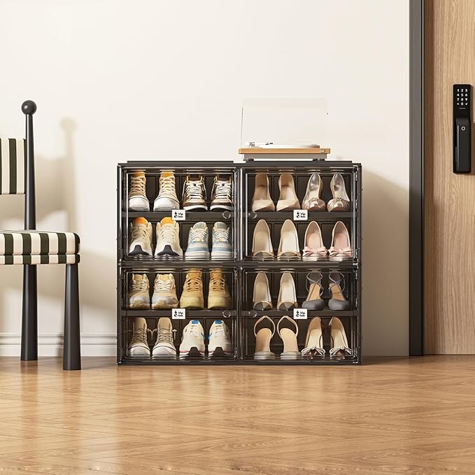 Black Shoe Rack Organizer Cabinet for Closet Entryway,Clear Shoe Storage Boxes Stackable Sneaker Storage with Door Easy Assembly Shoe Cabinet with Lids Large 4 Tiers 16 Pairs